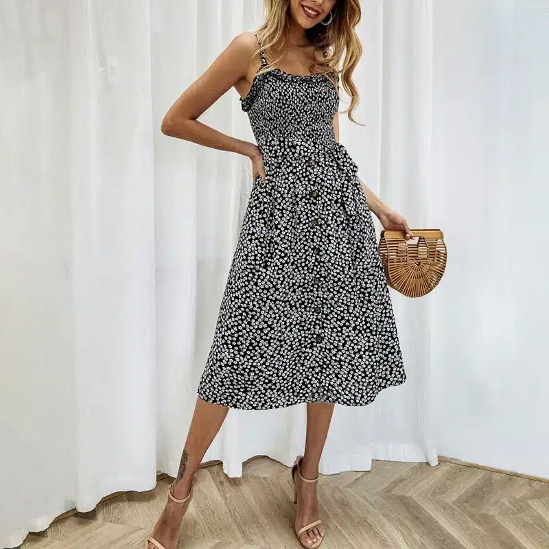 VIEUNSTA Polka Dot Print Sundress 2019 Strapless Ruffle Sashes Tied Bow A-Line Dress Women Button Backless Summer Beach Dresses 33