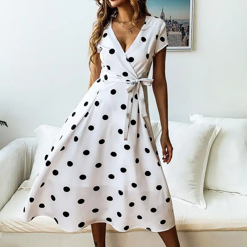 VIEUNSTA Polka Dot Print Sundress 2019 Strapless Ruffle Sashes Tied Bow A-Line Dress Women Button Backless Summer Beach Dresses 41