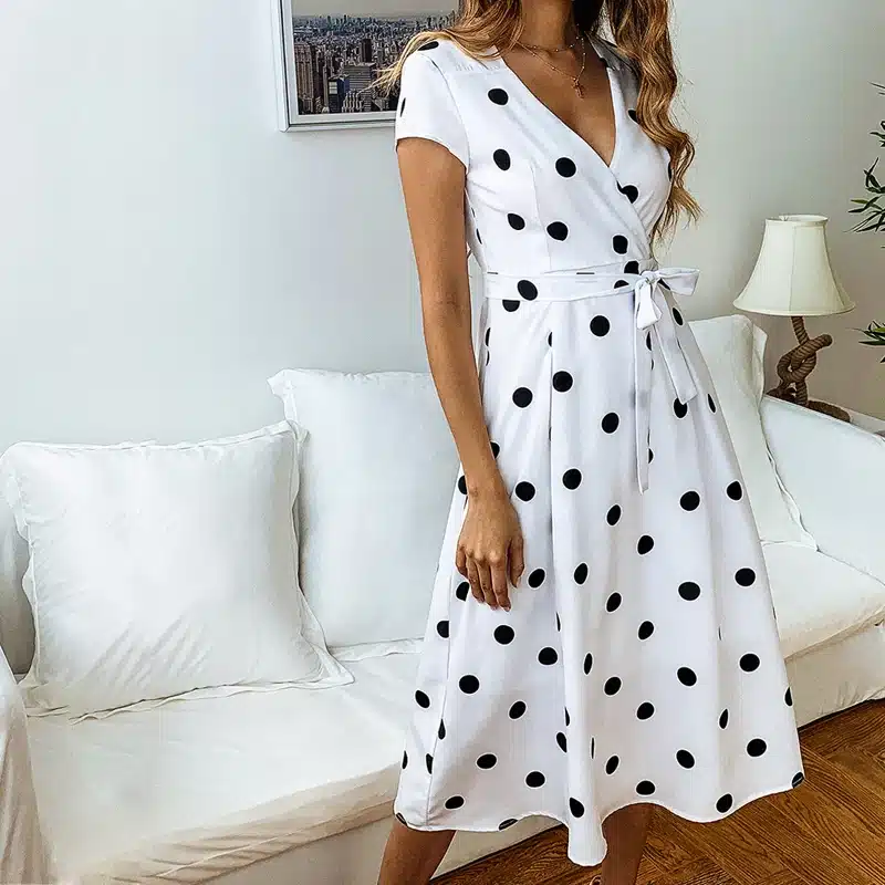 VIEUNSTA Polka Dot Print Sundress 2019 Strapless Ruffle Sashes Tied Bow A-Line Dress Women Button Backless Summer Beach Dresses 43