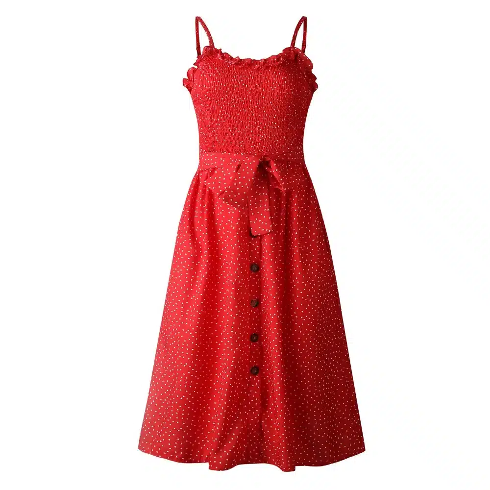 VIEUNSTA Polka Dot Print Sundress 2019 Strapless Ruffle Sashes Tied Bow A-Line Dress Women Button Backless Summer Beach Dresses 51