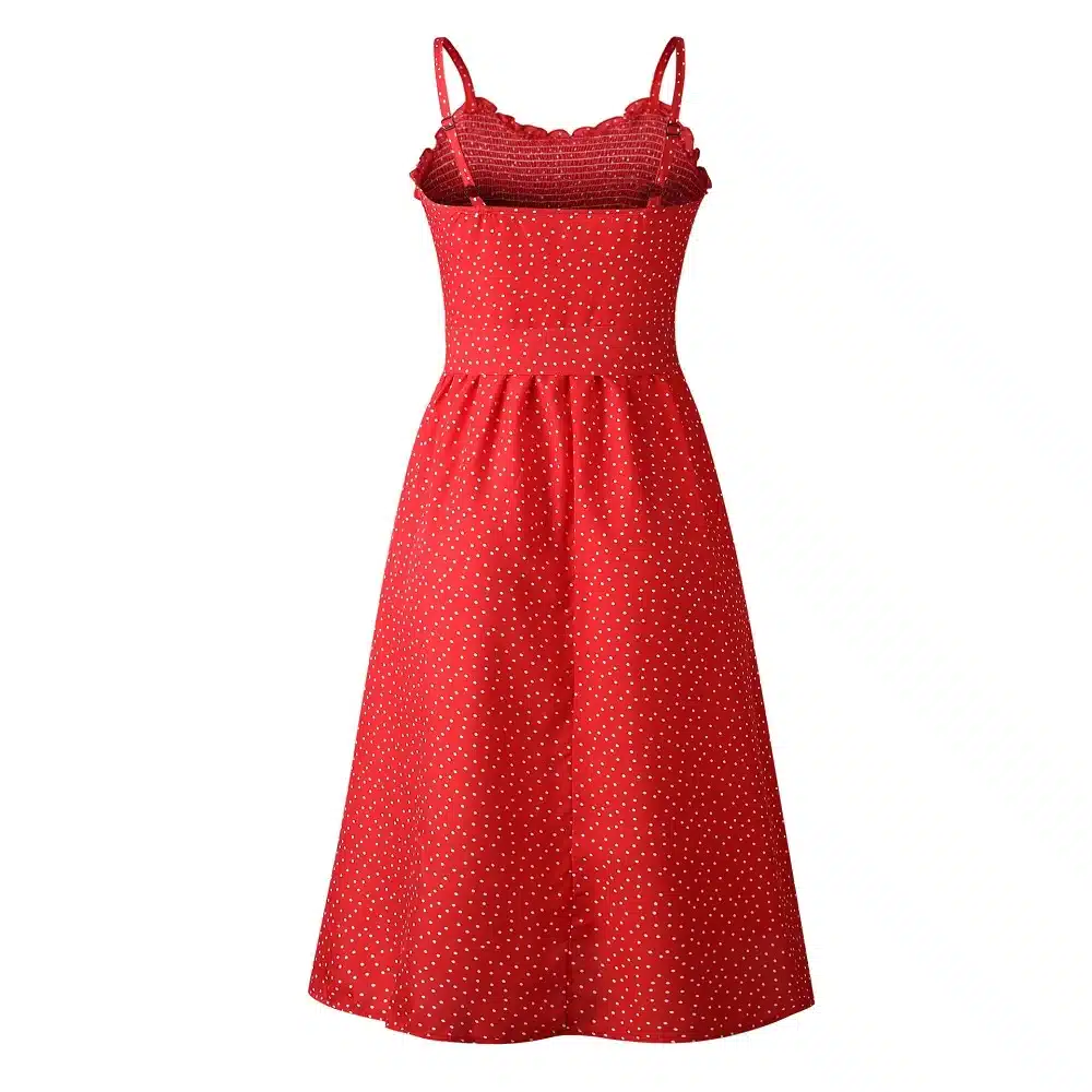 VIEUNSTA Polka Dot Print Sundress 2019 Strapless Ruffle Sashes Tied Bow A-Line Dress Women Button Backless Summer Beach Dresses 52