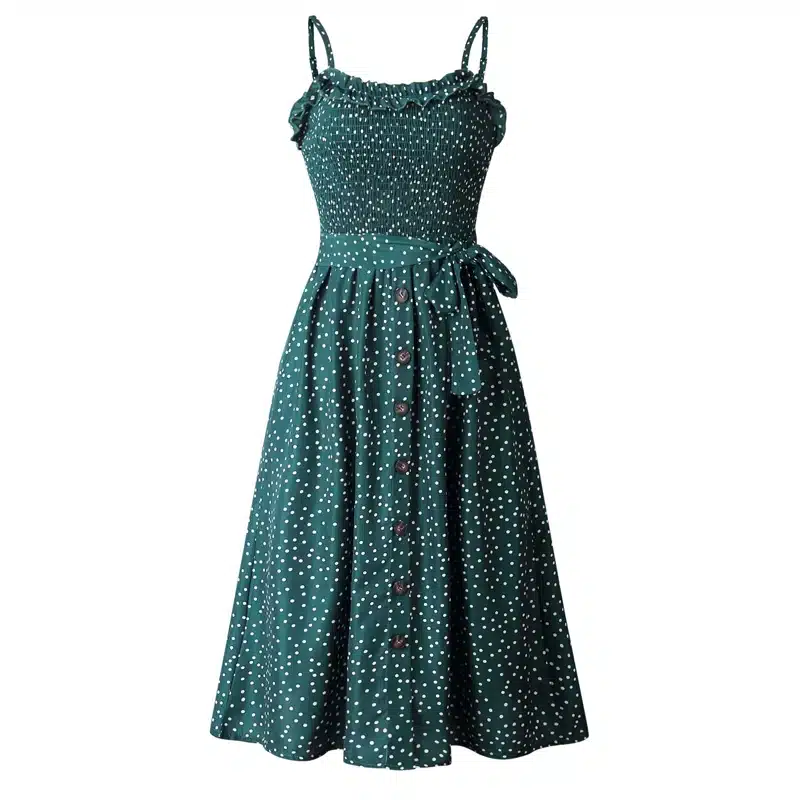 VIEUNSTA Polka Dot Print Sundress 2019 Strapless Ruffle Sashes Tied Bow A-Line Dress Women Button Backless Summer Beach Dresses 58