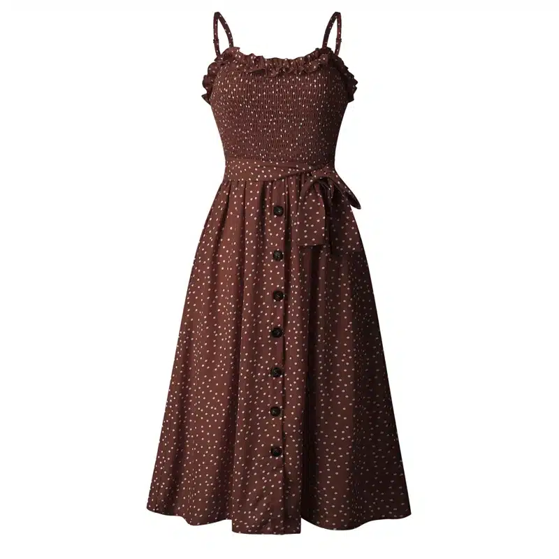 VIEUNSTA Polka Dot Print Sundress 2019 Strapless Ruffle Sashes Tied Bow A-Line Dress Women Button Backless Summer Beach Dresses 62