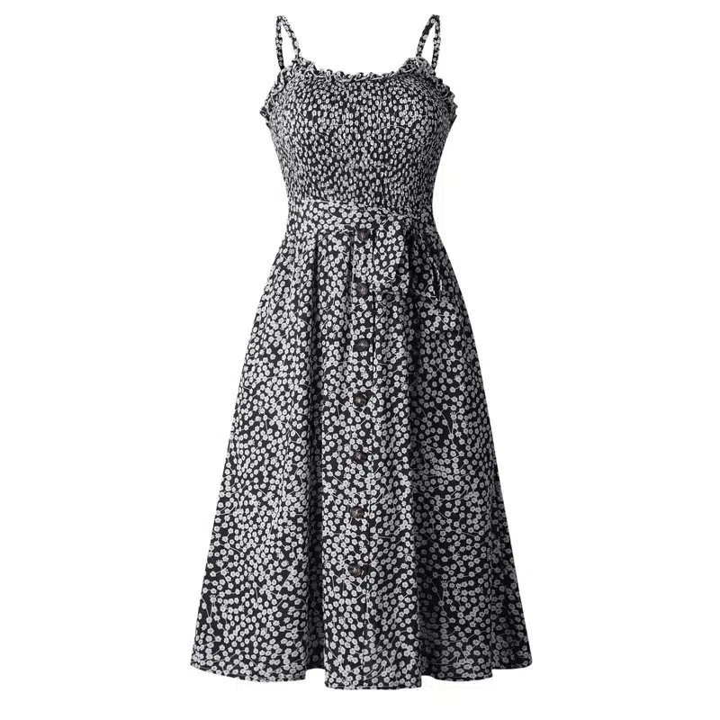 VIEUNSTA Polka Dot Print Sundress 2019 Strapless Ruffle Sashes Tied Bow A-Line Dress Women Button Backless Summer Beach Dresses 76