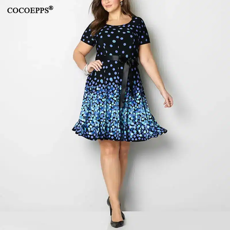 COCOEPPS 2019 Plus Size Party Dress Summer Polka Vintage Blue Knee Length Dot Print loose maxi Dress 5XL 6XL Big Size Vestidos 16