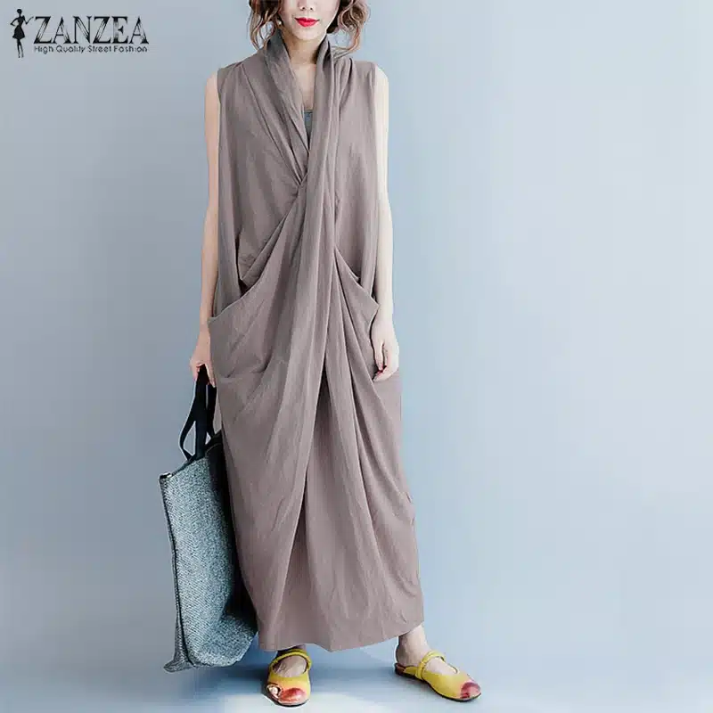 Oversized Dress ZANZEA Women Long Dress Ladies Party Vestidos Sleeveless Deep V Neck Long Maxi Sundress 2019 Summer Robe Femme 12