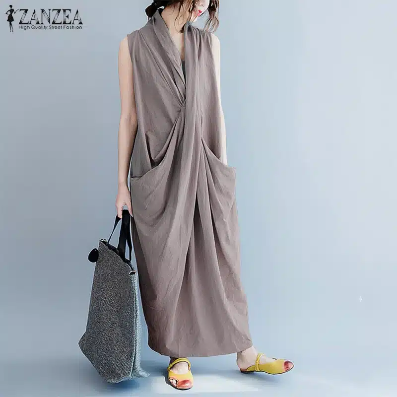 Oversized Dress ZANZEA Women Long Dress Ladies Party Vestidos Sleeveless Deep V Neck Long Maxi Sundress 2019 Summer Robe Femme 13