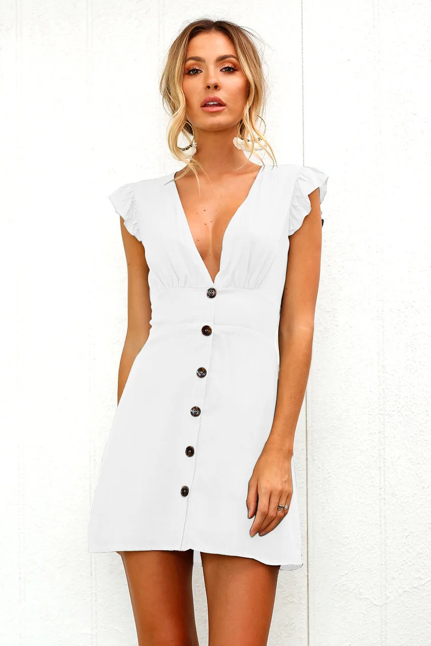 2019 New Arrival Women Summer Ruffle Dress Sleeve Waist Tightening Mini Dress Beach Party with Button 15