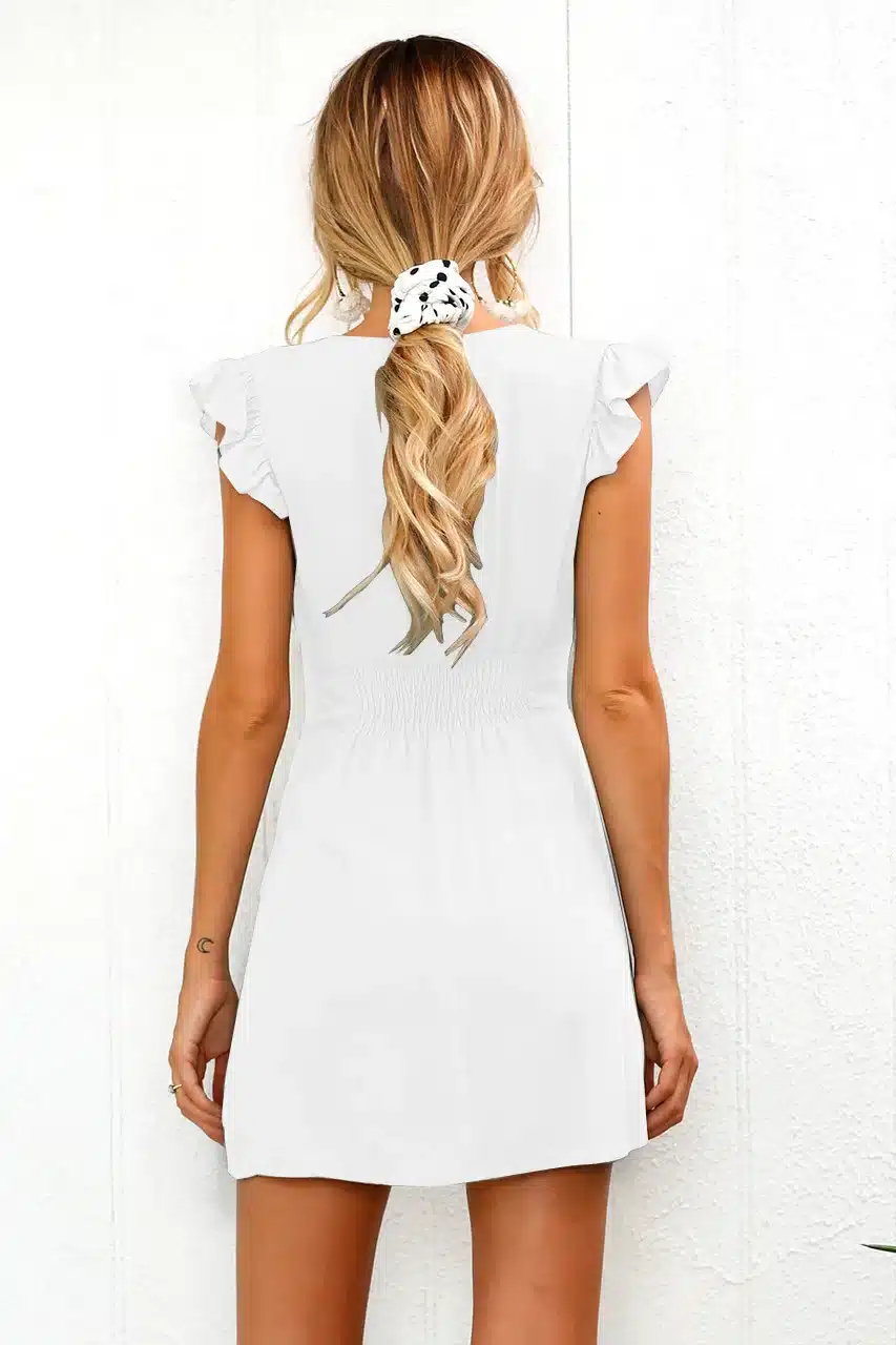 2019 New Arrival Women Summer Ruffle Dress Sleeve Waist Tightening Mini Dress Beach Party with Button 17