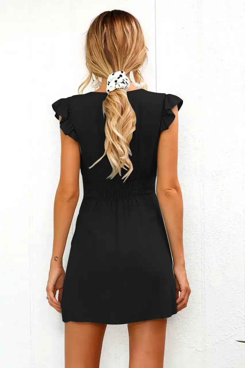 2019 New Arrival Women Summer Ruffle Dress Sleeve Waist Tightening Mini Dress Beach Party with Button 18