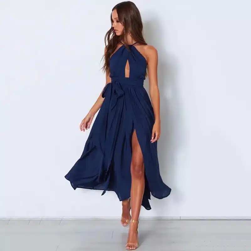 2019 Spring New Girl Sleeveless Halter Sexy Maxi Summer Backless Party Long Dress Women Split Elegant Beach Dresses 2