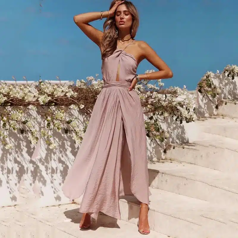 2019 Spring New Girl Sleeveless Halter Sexy Maxi Summer Backless Party Long Dress Women Split Elegant Beach Dresses 4