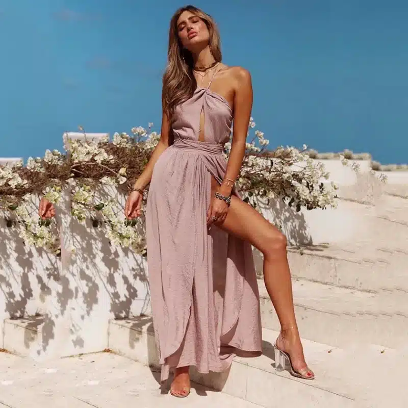 2019 Spring New Girl Sleeveless Halter Sexy Maxi Summer Backless Party Long Dress Women Split Elegant Beach Dresses 5