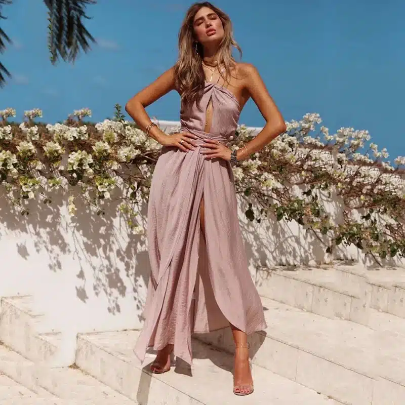 2019 Spring New Girl Sleeveless Halter Sexy Maxi Summer Backless Party Long Dress Women Split Elegant Beach Dresses 6