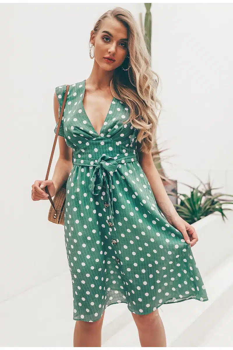 Simplee Sexy V neck polka dot green summer dress women 2019 Casual ruffle midi dress Elegant holiday beach female vestidos festa 13