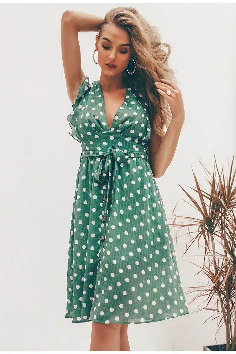 Simplee Sexy V neck polka dot green summer dress women 2019 Casual ruffle midi dress Elegant holiday beach female vestidos festa 15