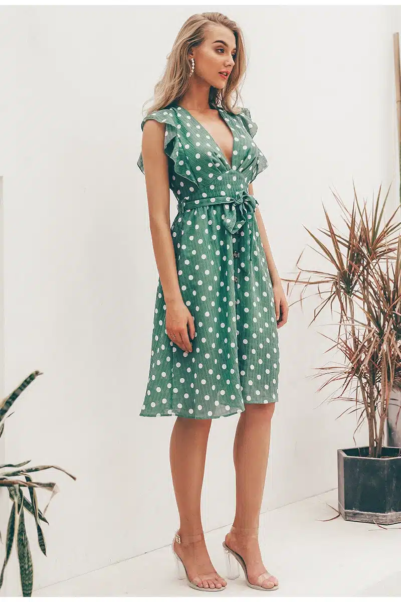 Simplee Sexy V neck polka dot green summer dress women 2019 Casual ruffle midi dress Elegant holiday beach female vestidos festa 17