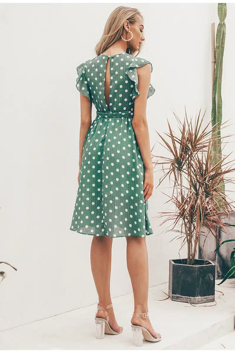 Simplee Sexy V neck polka dot green summer dress women 2019 Casual ruffle midi dress Elegant holiday beach female vestidos festa 18