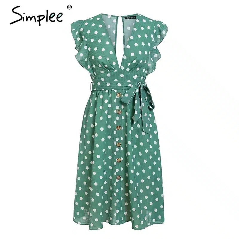 Simplee Sexy V neck polka dot green summer dress women 2019 Casual ruffle midi dress Elegant holiday beach female vestidos festa 20