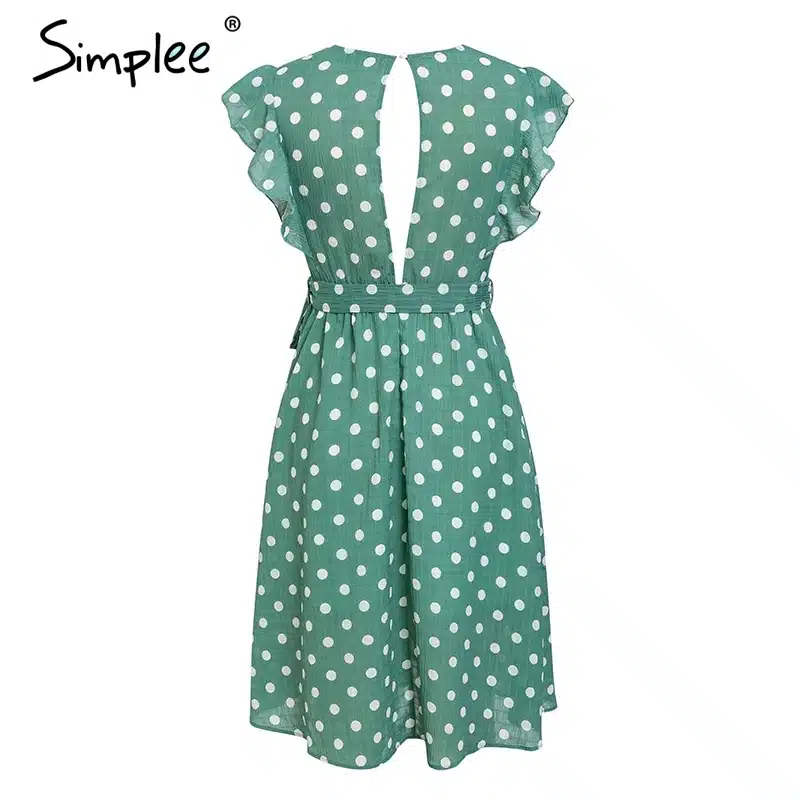 Simplee Sexy V neck polka dot green summer dress women 2019 Casual ruffle midi dress Elegant holiday beach female vestidos festa 21