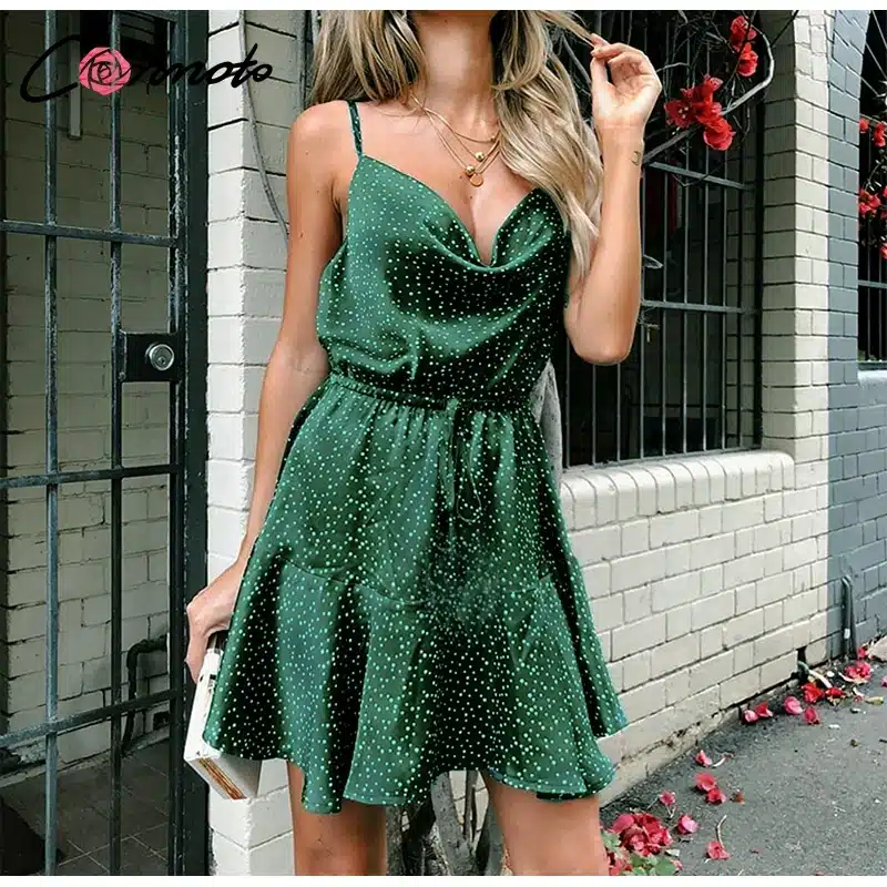 Conmoto 2019 Summer Fashion Strap Backless Stain Short Dress Women Casual High Street Polka Dot Dress Beach Holiday Vestidos 11