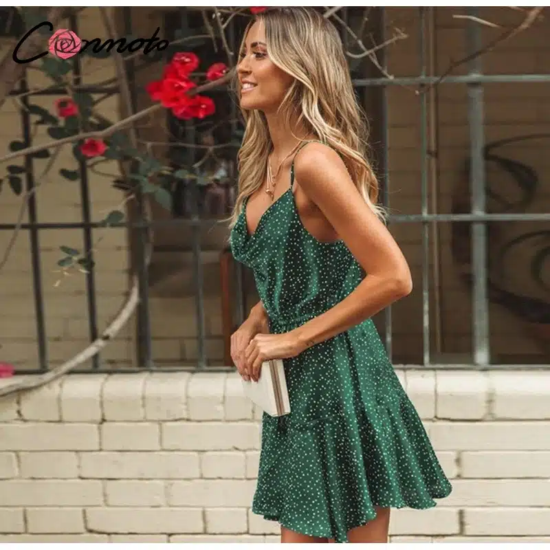 Conmoto 2019 Summer Fashion Strap Backless Stain Short Dress Women Casual High Street Polka Dot Dress Beach Holiday Vestidos 15