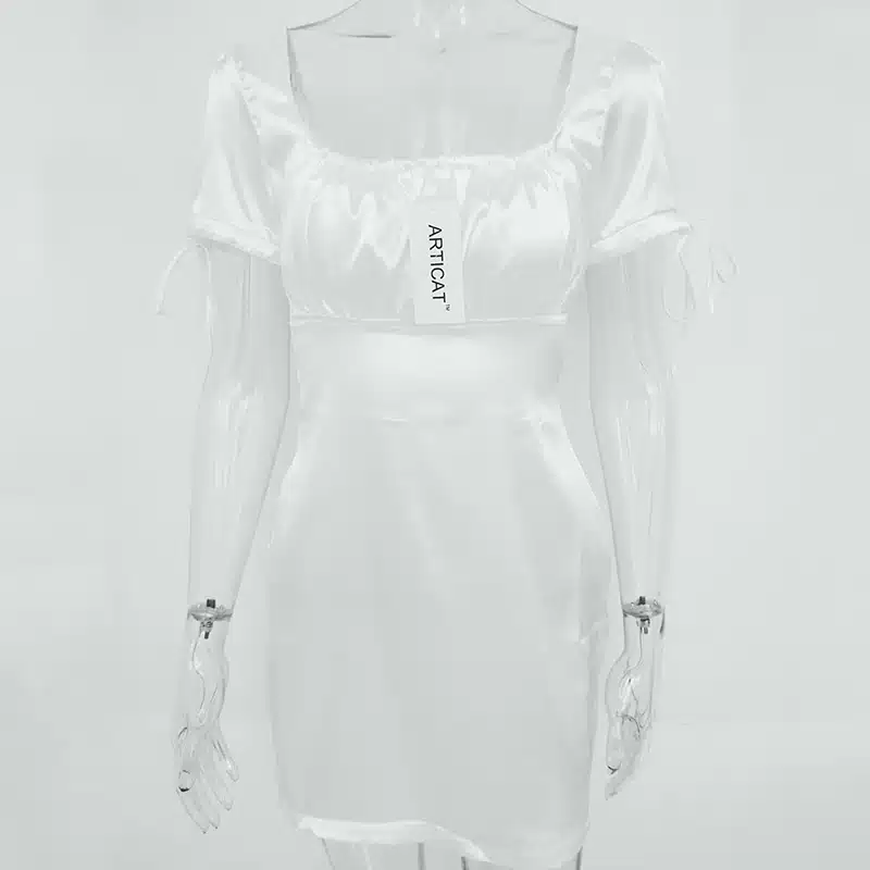 Articat 2019 White Satin Mini Summer Dress Women Square Collar Short Sleeve Short Beach Dress Solid Casual Dress Female Vestidos 12