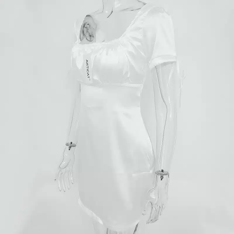 Articat 2019 White Satin Mini Summer Dress Women Square Collar Short Sleeve Short Beach Dress Solid Casual Dress Female Vestidos 13