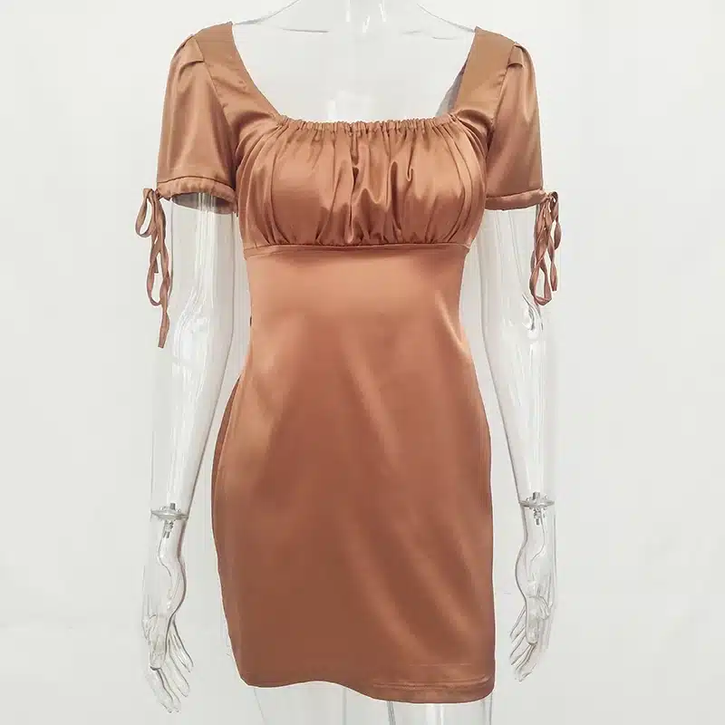 Articat 2019 White Satin Mini Summer Dress Women Square Collar Short Sleeve Short Beach Dress Solid Casual Dress Female Vestidos 15
