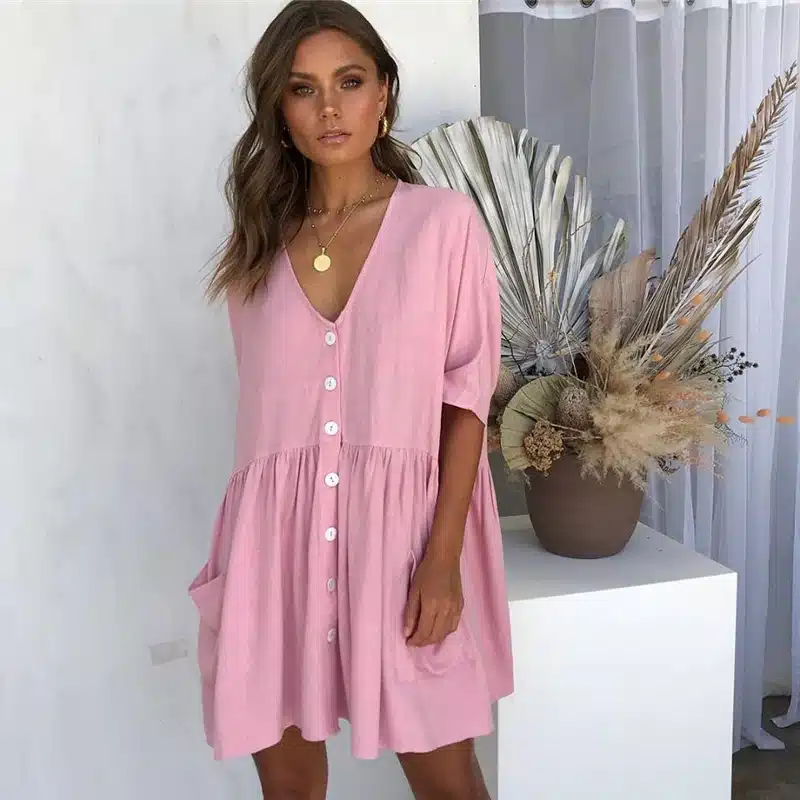 VIEUNSTA 2019 Summer Dress Women Sexy V-neck Buttons Elegant Party Dress Casual Short Sleeve Pockets Loose Mini Dresses Vestidos 11