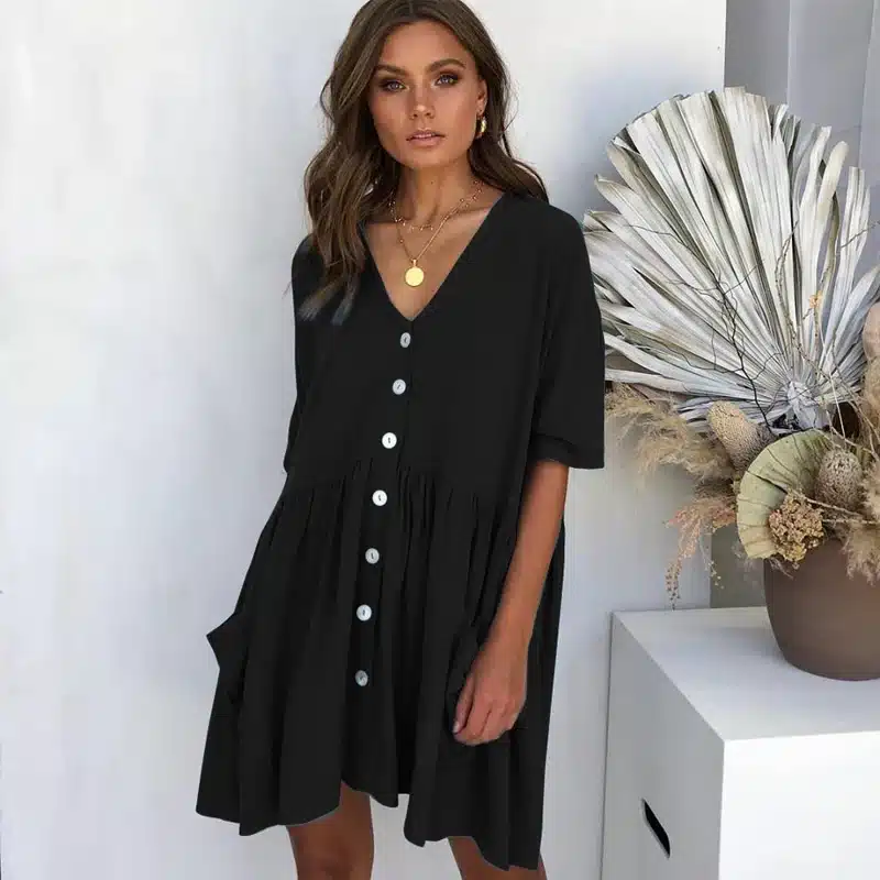 VIEUNSTA 2019 Summer Dress Women Sexy V-neck Buttons Elegant Party Dress Casual Short Sleeve Pockets Loose Mini Dresses Vestidos 13