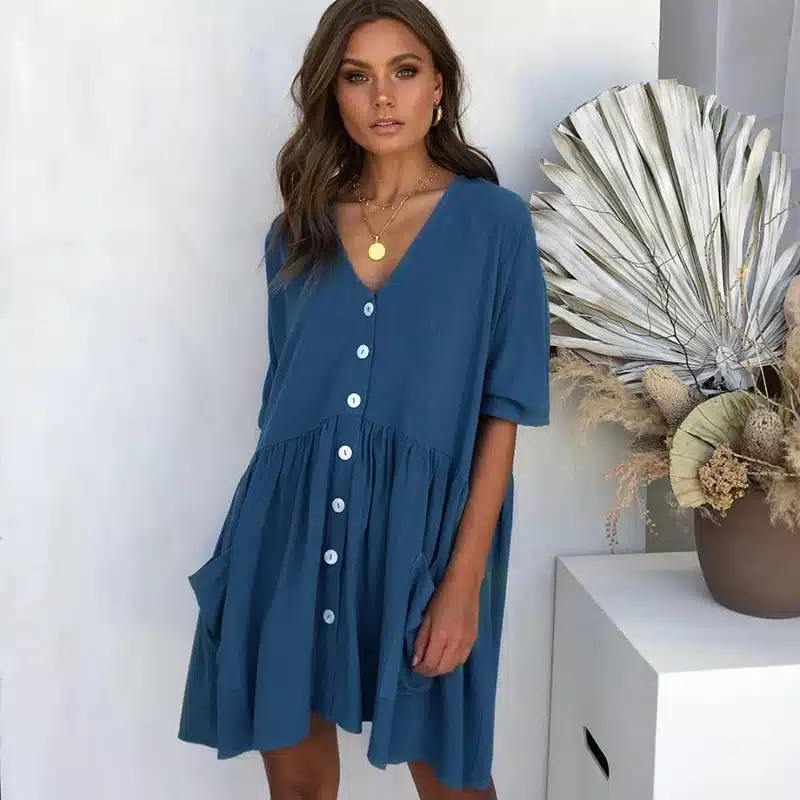VIEUNSTA 2019 Summer Dress Women Sexy V-neck Buttons Elegant Party Dress Casual Short Sleeve Pockets Loose Mini Dresses Vestidos 14