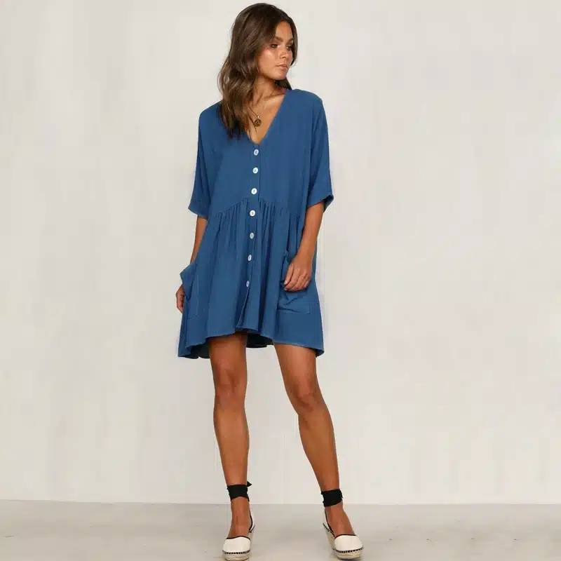 VIEUNSTA 2019 Summer Dress Women Sexy V-neck Buttons Elegant Party Dress Casual Short Sleeve Pockets Loose Mini Dresses Vestidos 16
