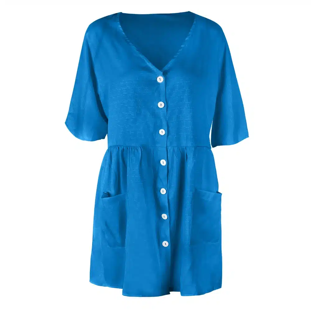 VIEUNSTA 2019 Summer Dress Women Sexy V-neck Buttons Elegant Party Dress Casual Short Sleeve Pockets Loose Mini Dresses Vestidos 18