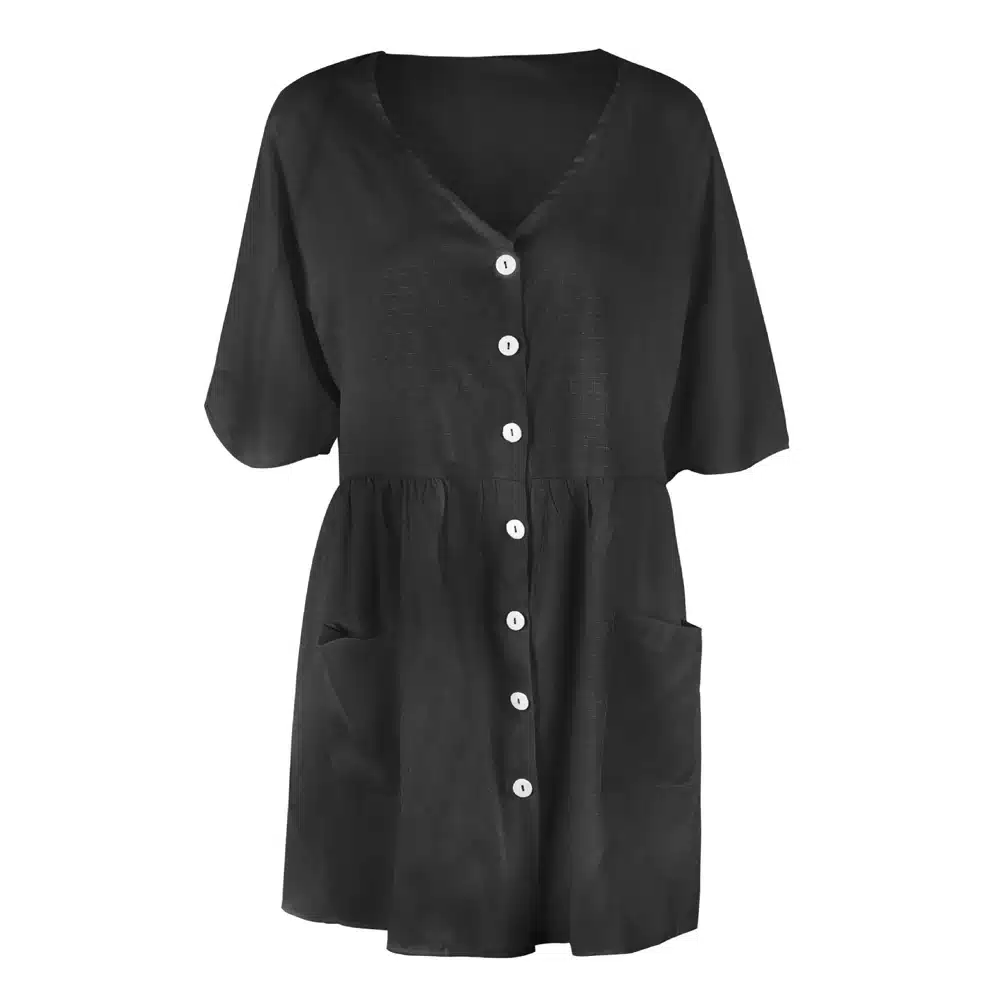 VIEUNSTA 2019 Summer Dress Women Sexy V-neck Buttons Elegant Party Dress Casual Short Sleeve Pockets Loose Mini Dresses Vestidos 20