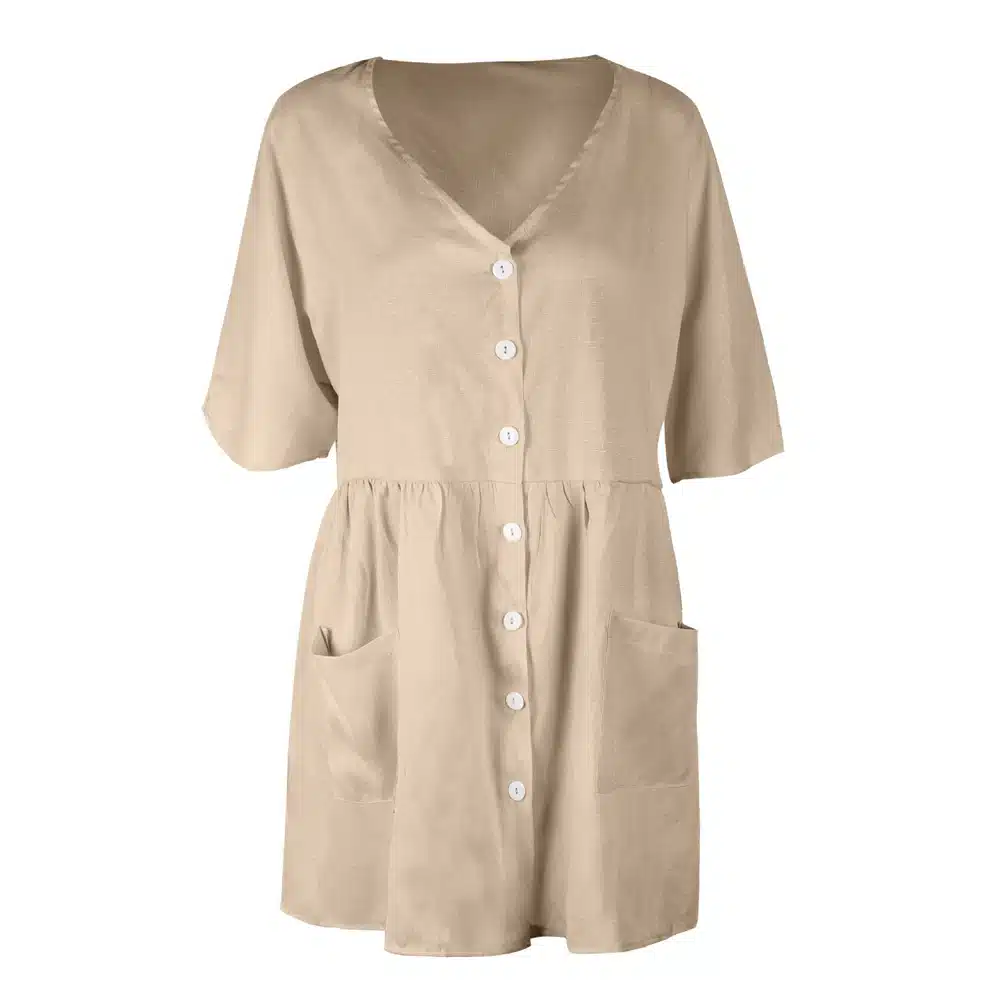 VIEUNSTA 2019 Summer Dress Women Sexy V-neck Buttons Elegant Party Dress Casual Short Sleeve Pockets Loose Mini Dresses Vestidos 22