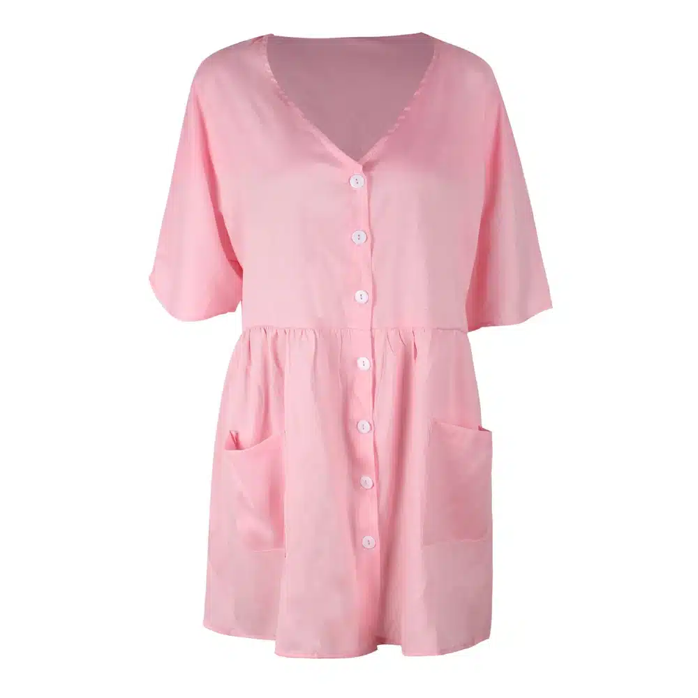VIEUNSTA 2019 Summer Dress Women Sexy V-neck Buttons Elegant Party Dress Casual Short Sleeve Pockets Loose Mini Dresses Vestidos 24