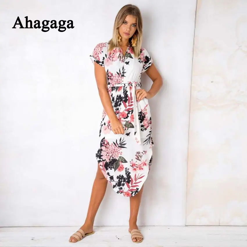 Ahagaga 2019 Spring Dress Women Fashion Print Elegant Cute Sashes O-neck Sexy Slim Sheath Dress Women Dresses Vestidos Robes 22
