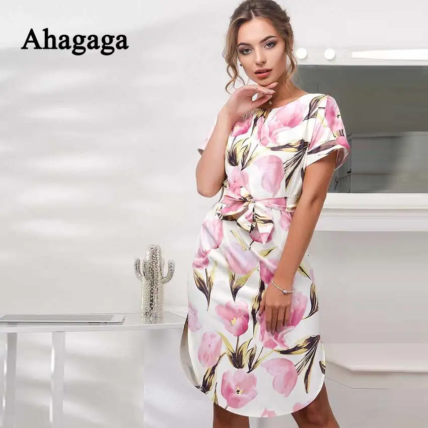 Ahagaga 2019 Spring Dress Women Fashion Print Elegant Cute Sashes O-neck Sexy Slim Sheath Dress Women Dresses Vestidos Robes 24