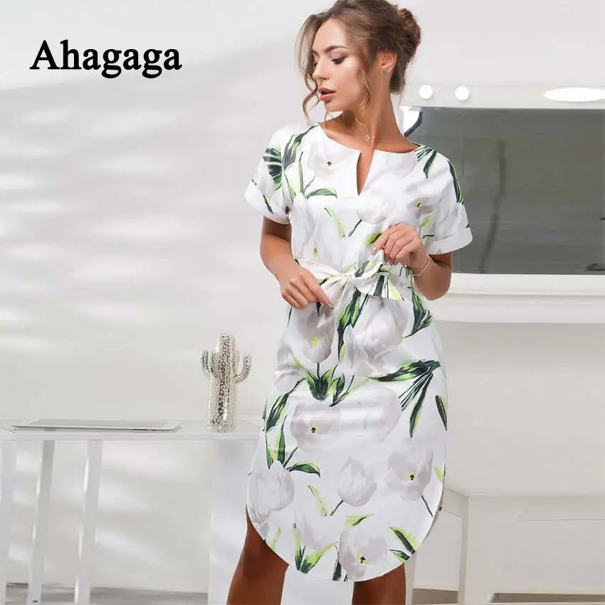 Ahagaga 2019 Spring Dress Women Fashion Print Elegant Cute Sashes O-neck Sexy Slim Sheath Dress Women Dresses Vestidos Robes 25