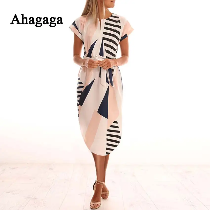 Ahagaga 2019 Spring Dress Women Fashion Print Elegant Cute Sashes O-neck Sexy Slim Sheath Dress Women Dresses Vestidos Robes 28