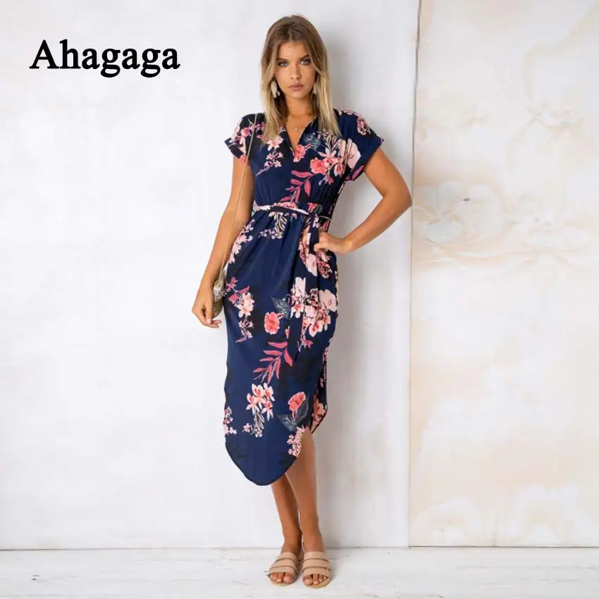 Ahagaga 2019 Spring Dress Women Fashion Print Elegant Cute Sashes O-neck Sexy Slim Sheath Dress Women Dresses Vestidos Robes 29