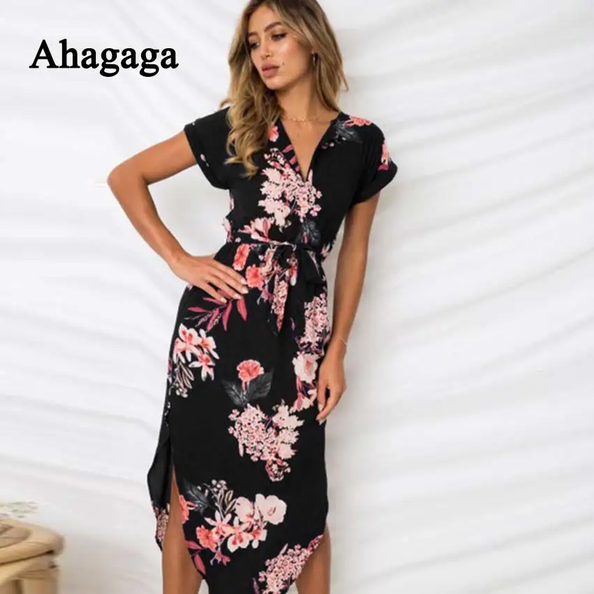 Ahagaga 2019 Spring Dress Women Fashion Print Elegant Cute Sashes O-neck Sexy Slim Sheath Dress Women Dresses Vestidos Robes 30