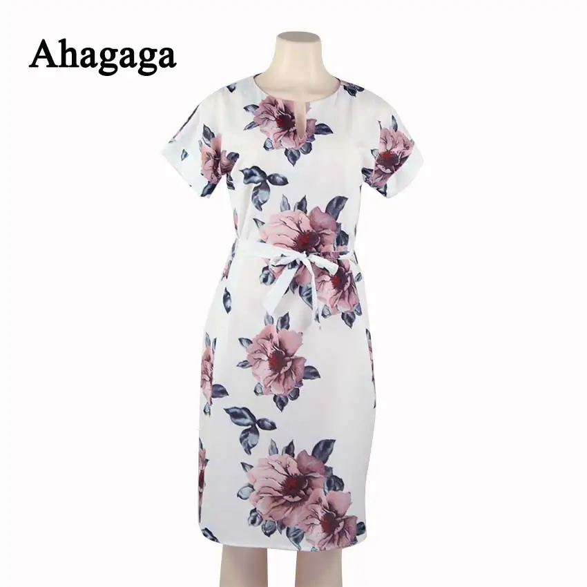 Ahagaga 2019 Spring Dress Women Fashion Print Elegant Cute Sashes O-neck Sexy Slim Sheath Dress Women Dresses Vestidos Robes 32