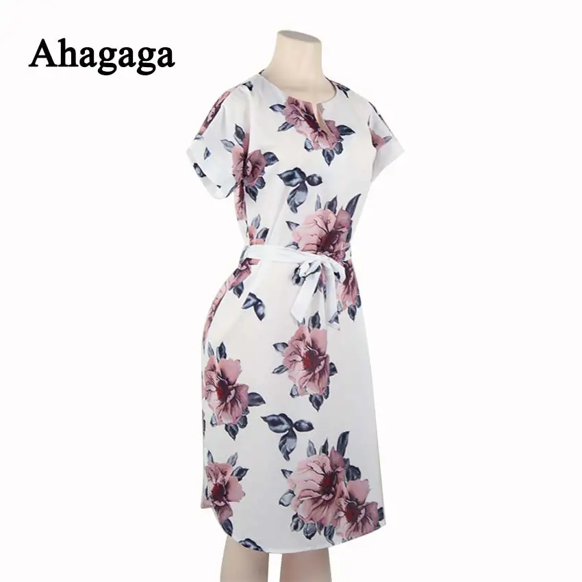 Ahagaga 2019 Spring Dress Women Fashion Print Elegant Cute Sashes O-neck Sexy Slim Sheath Dress Women Dresses Vestidos Robes 33