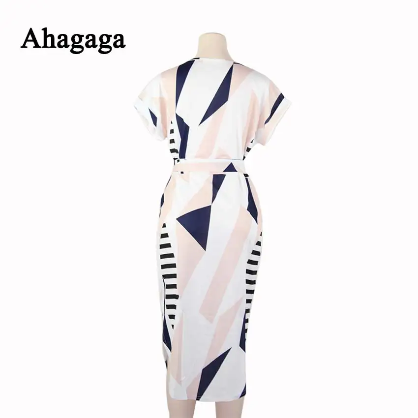 Ahagaga 2019 Spring Dress Women Fashion Print Elegant Cute Sashes O-neck Sexy Slim Sheath Dress Women Dresses Vestidos Robes 45