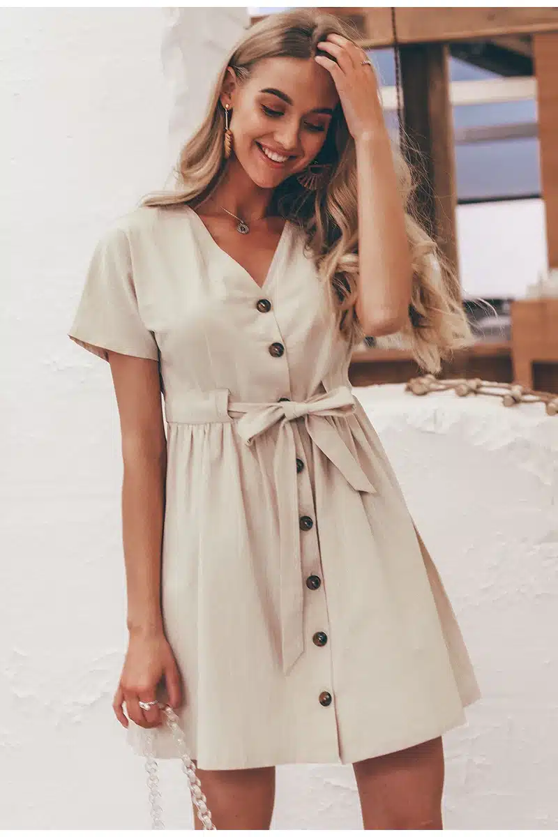 Simplee Vintage button women dress shirt V neck short sleeve cotton linen short summer dresses Casual korean vestidos 2019 festa 16