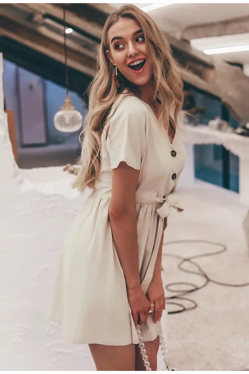 Simplee Vintage button women dress shirt V neck short sleeve cotton linen short summer dresses Casual korean vestidos 2019 festa 18