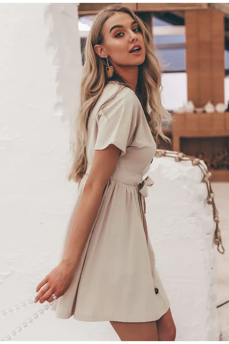 Simplee Vintage button women dress shirt V neck short sleeve cotton linen short summer dresses Casual korean vestidos 2019 festa 19