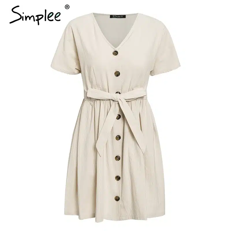Simplee Vintage button women dress shirt V neck short sleeve cotton linen short summer dresses Casual korean vestidos 2019 festa 22